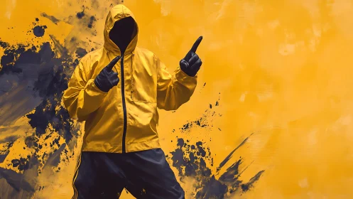 Hooded figure in yellow jacket strikes bold graphic pose.