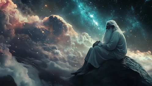 Elderly robed figure seated on rock before dense starfield.