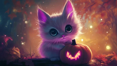 Luminescent Kitten with Jack-o'-Lantern: Digital Fantasy Composition.
