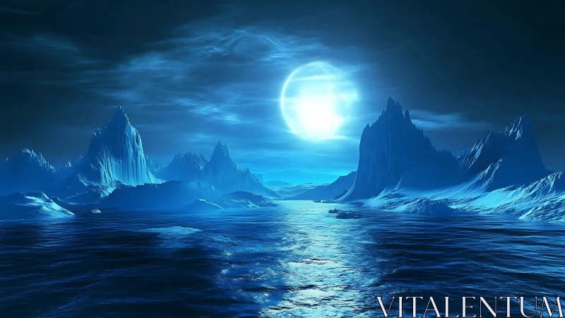 Shimmering blue moonlight gently crowns an icy dream sea