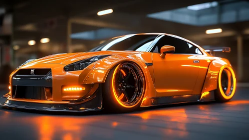 Glowing orange sports car shining in a sleek city garage.