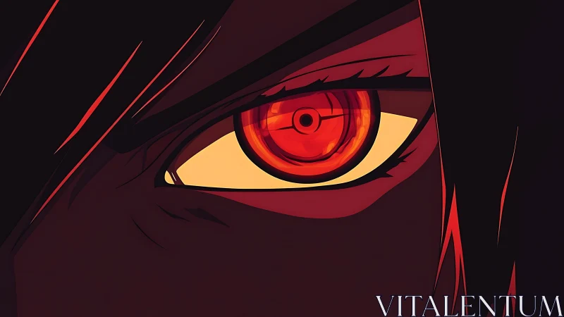 Close-up of stylized red anime eye with dark framing shadows.
