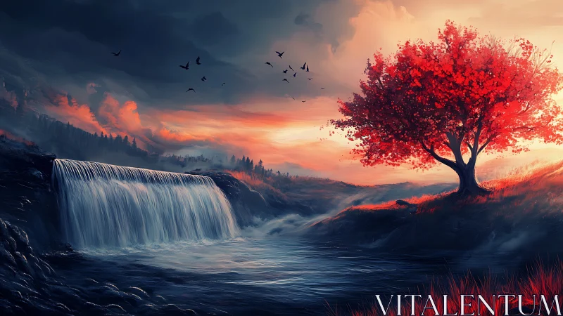 Digital landscape shows waterfall, river, tree, and sky lighting