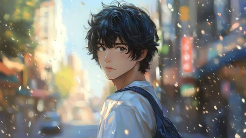 Young male figure on city street with soft evening light.