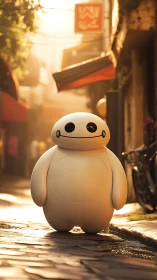 Soft-bodied robot in golden-hour alleyway with cinematic depth