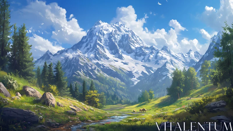 Glacial alpine massif with luminous valley hydrology study.