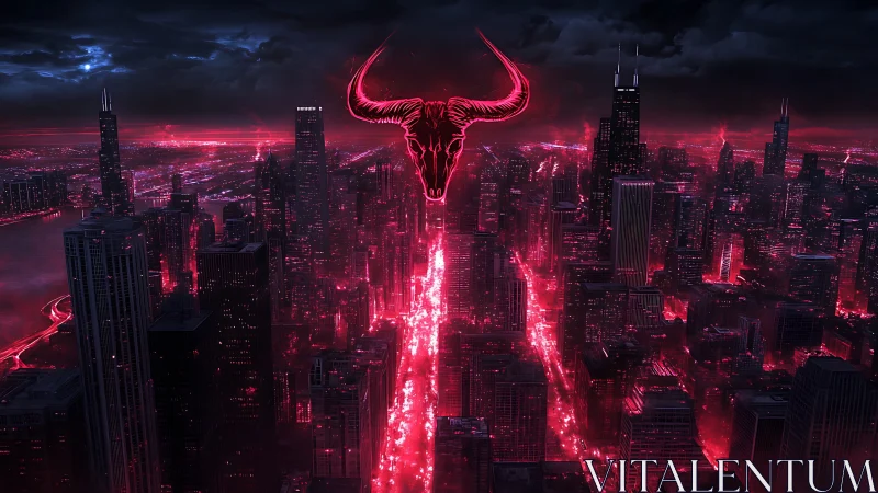 Glowing bull spirit watching over a neon lit stormy city.