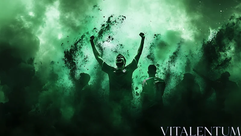 Green storm of victory lifting a jubilant football hero.