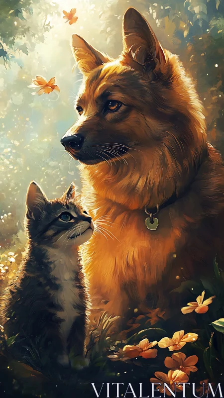 Dog and cat composition with butterflies in warm-toned forest setting.