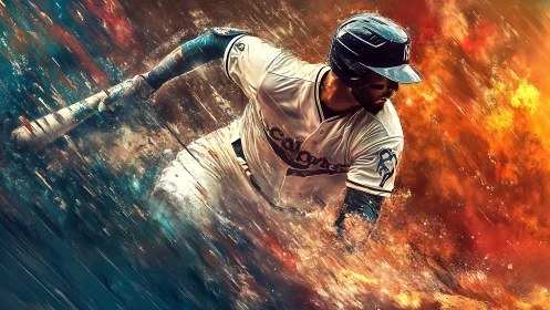 Blazing slide of the baseball warrior through painted firestorm.