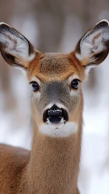 Deer faces camera in tight winter portrait with sharp detail