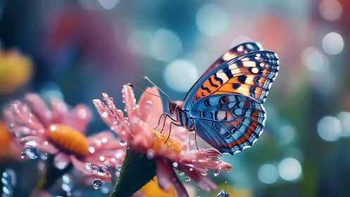 Photorealistic macro butterfly on dewy pink blossom study.