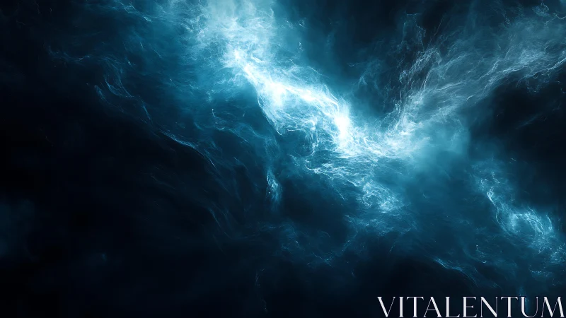 Abstract cosmic nebula with glowing blue light in digital art.