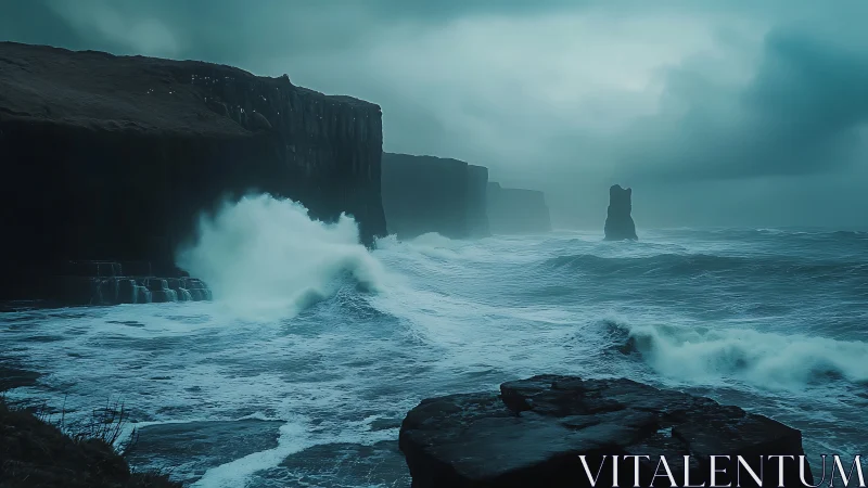 Storm-driven Atlantic swells impacting basalt sea cliffs at dusk
