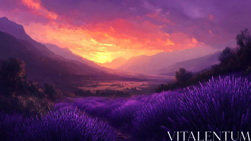 Lavender valley at sunset wrapped in soft purple light.
