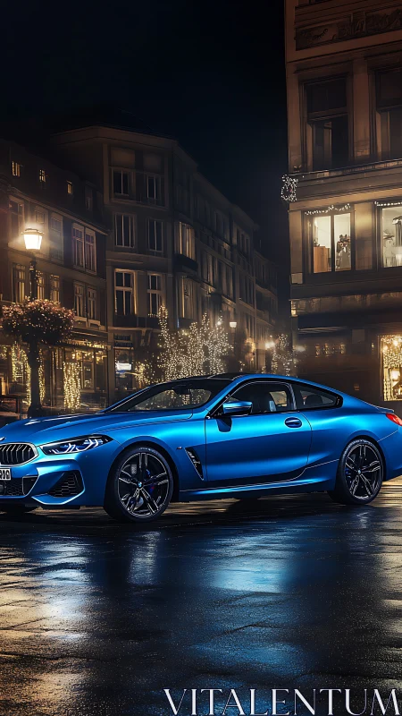 Metallic blue performance coupe parked on wet reflective city street