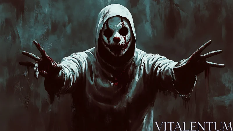 Hooded bloodstained figure lunging forward in teal gloom.