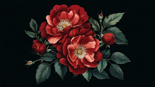 Red peonies with buds and foliage against dark background
