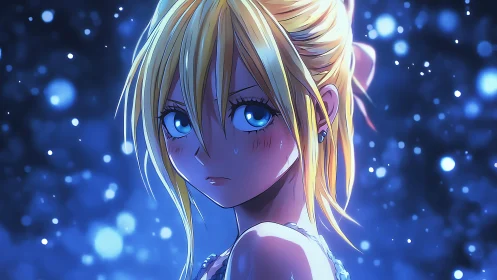 Blue-eyed girl pausing under glowing night snowfall.