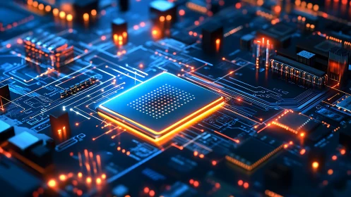 Glowing processor on circuit board with digital data flow.