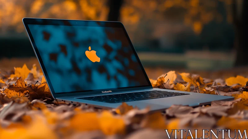 Laptop nestles into autumn leaves while screens glow cool blue