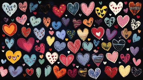 Colorful Hand-Drawn Hearts Pattern on Dark Background