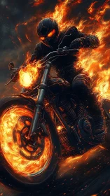 Motorcyclist in black gear enveloped by controlled flames.