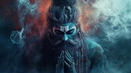Blue-skinned ascetic with prayer gesture amid swirling smoke