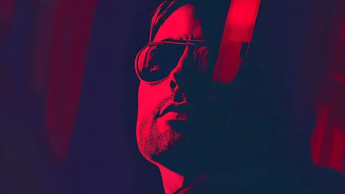 Neon shadowed portrait soaking in moody electric glow.