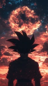 Saiyan warrior gazes toward a blazing cosmic storm sky.