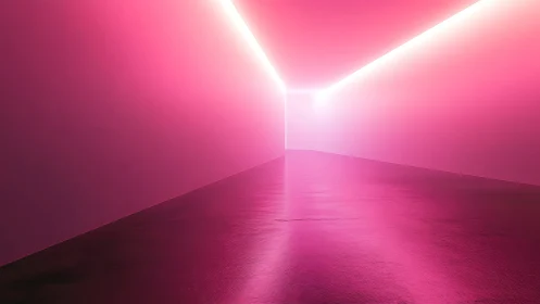 Rectangular corridor is illuminated by uniform pink light