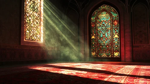 Sunlit stained glass projects patterned light onto carpet