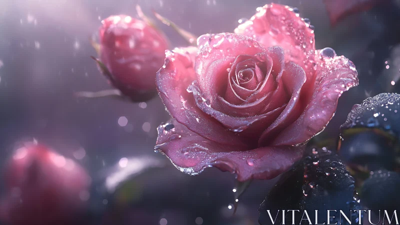 Glistening Pink Roses Adorned With Morning Dew Drops.