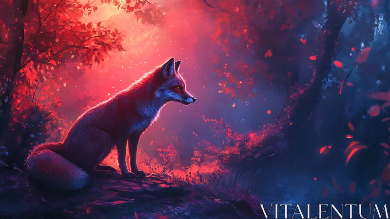 Fox in glowing twilight forest waiting on the riverbank.