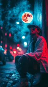 Neon street portrait framed by surreal lunar glow.