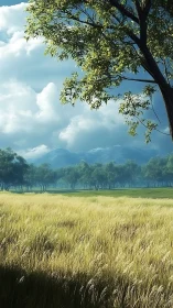 Tree overlooks sunlit grass field before distant blue hills