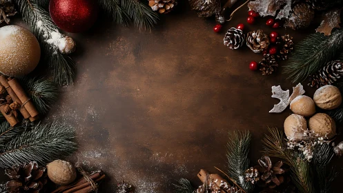 Christmas ornaments and greenery frame empty brown background