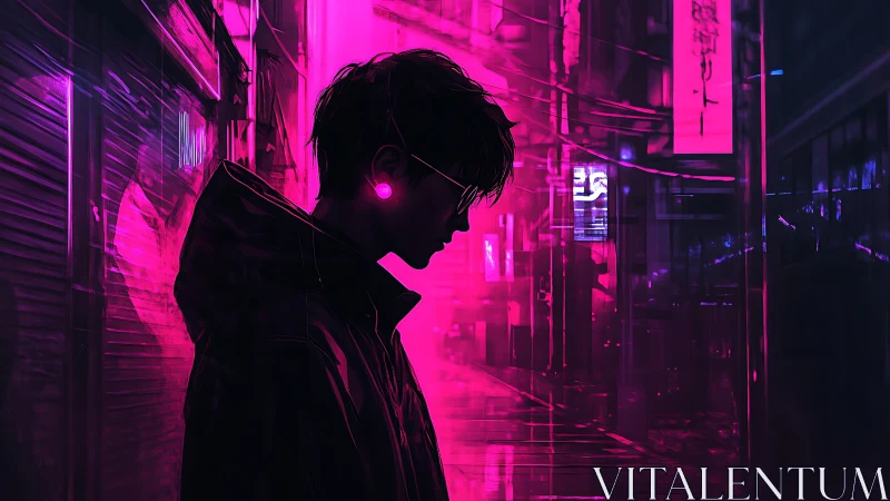 Neon rain hums while a lone silhouette listens for futures