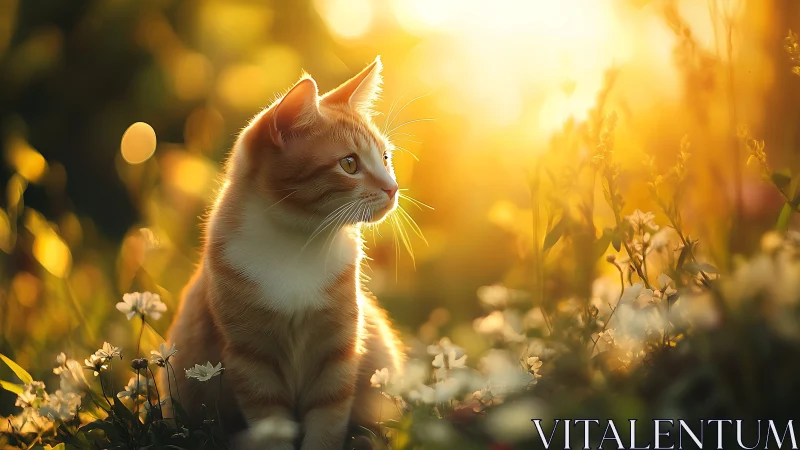 Ginger cat in sunset meadow amid glowing wildflowers.