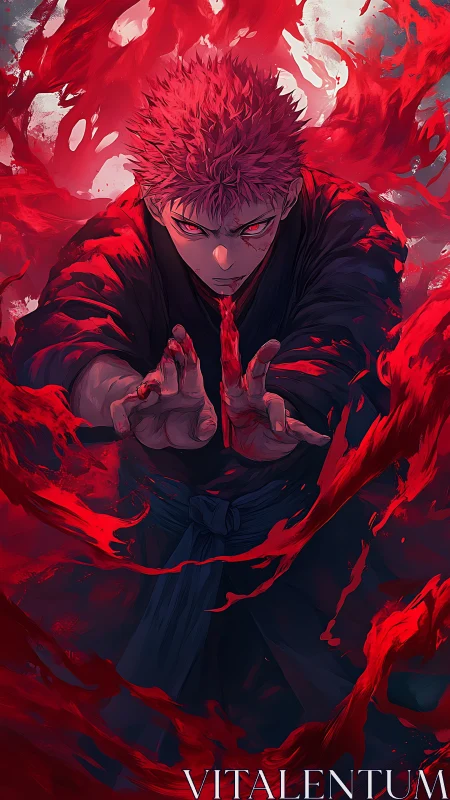 Red energy-wielding warrior focuses power in swirling aura.