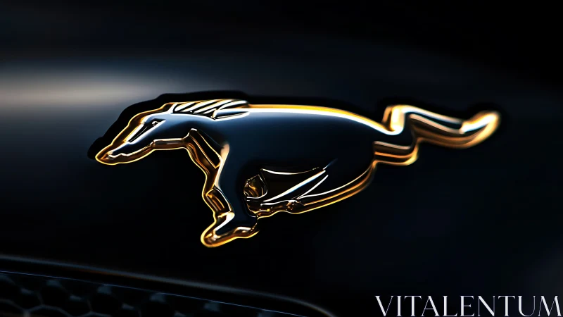 Chrome running horse emblem glows against deep black body