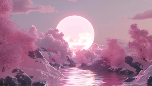 Iridescent pink sun illuminates hyperreal pastel river valley