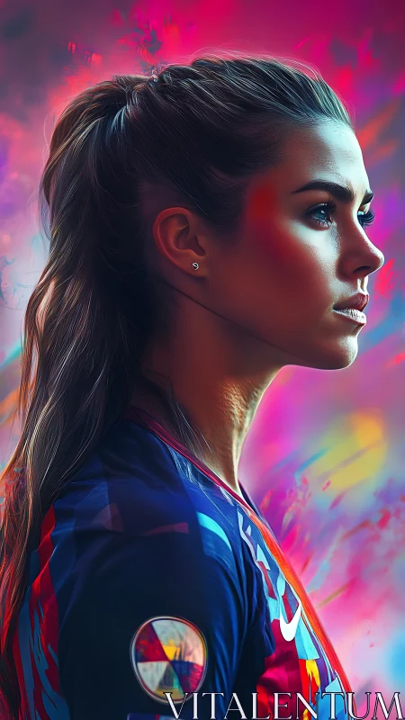 Neon-lit female athlete portrait in dynamic side profile.