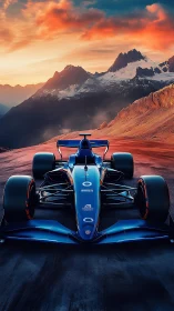 Blue Formula race car on mountain road at vivid sunset.