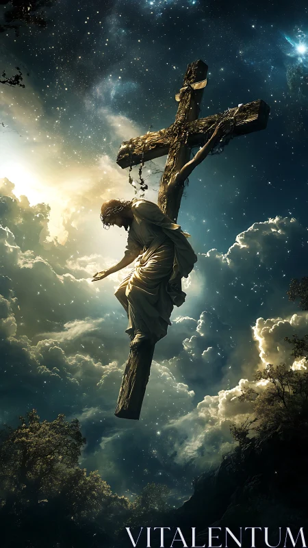 Crucified robed figure suspended on broken cross in sky