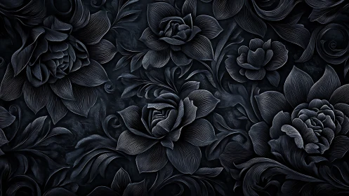 Dark Sculptural Floral Relief with Layered Botanical Forms.