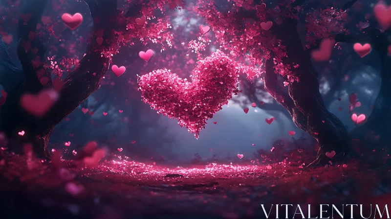 Crystalline Heart Bursts Through Enchanted Pink Forest