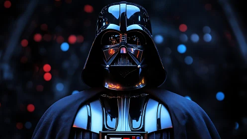 Armored sci fi villain portrait under moody neon glow.