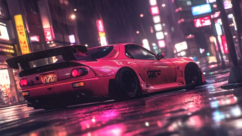 Neon-lit tuner car idles in a rain-soaked night street