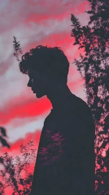 Silhouetted daydreamer under glowing pink twilight sky.